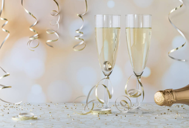 その中の1つに結婚指輪が付いているシャンパンで満たされた2つのワインフルート。エンゲージメントの概念. - 写真・画像