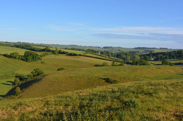 Vista temprana de la mañana, paisaje de campos agrícolas y colinas verdes en verano, hacia la aldea de Poyntington, Sherborne, Dorset, Inglaterra
 - Foto, imagen