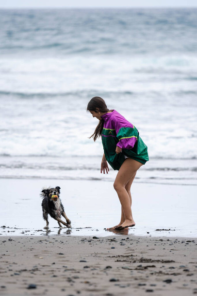 Dziewczyna w uderzającym zielonym i fioletowym płaszczu gra w piłkę z psem na plaży, jak fale łamią - Zdjęcie, obraz