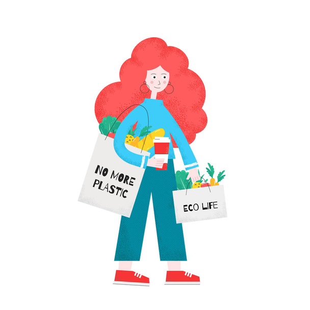 eco shopping girl vector - Vecteur, image