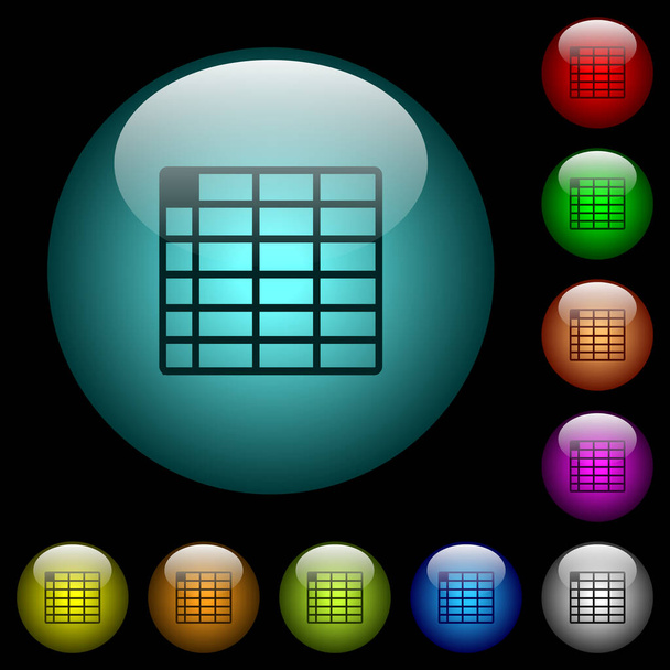 Spreadsheet tafel pictogrammen in kleur verlicht bolvormig glas knoppen op zwarte achtergrond. Kan worden gebruikt om zwarte of donkere sjablonen - Vector, afbeelding