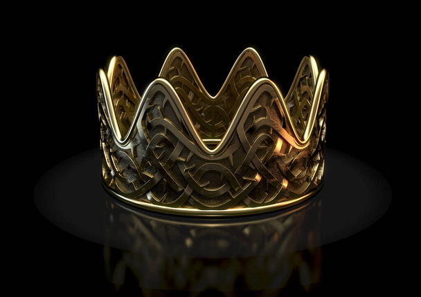 Μια θρησκευτική σταύρωση έννοια ενός χρυσού βασιλικού στέμματος με ένα τυποποιημένο υφαντό αγκάθι μοτίβο χαραγμένο στην επιφάνειά του σε ένα απομονωμένο μαύρο στούντιο φόντο - 3D καθιστούν - Φωτογραφία, εικόνα