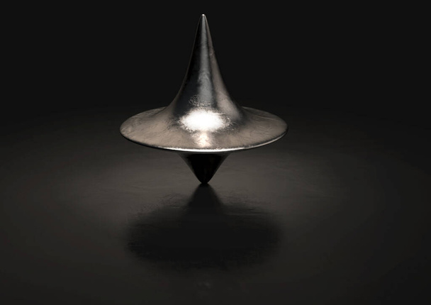 Une toupie en plomb moulé sous pression légèrement rayée en position verticale sur un fond sombre - rendu 3D - Photo, image
