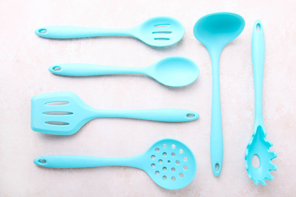 Set of blue kitchen utensils on white background. - Photo, Image