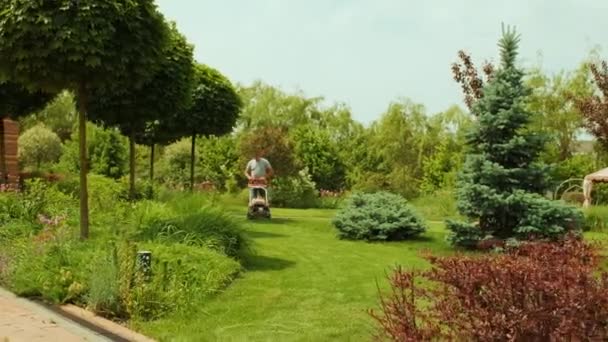 Ruohonleikkuri leikkaa nurmikkoa. Puutarhanhoito. Leikkaus ruoho bensiinikäyttöinen ruohonleikkuri aurinkoisessa puutarhassa. Puutarhuri työskentelee ruohonleikkurin kanssa puutarhassa. Ruohonleikkuri leikkaa vihreää ruohoa - Materiaali, video