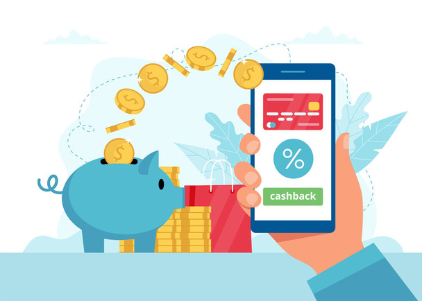 Cashback έννοια - χέρι κρατώντας ένα smartphone με εφαρμογή, τα χρήματα πηγαίνουν σε ένα piggybank. Εικονογράφηση διάνυσμα σε επίπεδο στυλ - Διάνυσμα, εικόνα