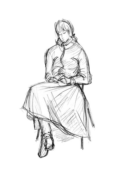 Una figura aislada de una mujer sentada en una silla con ropa. Dibujo a lápiz sobre fondo blanco
. - Foto, Imagen