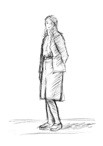 Een ruwe schets van een staande jonge vrouw in kleren met handen achter haar rug. Potloodtekening op wit papier. - Foto, afbeelding