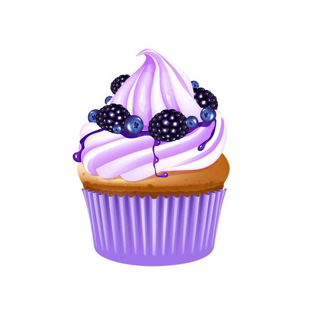 Fruit cupcake realistic vector illustration. Muffin with berries. Baked dessert, sugary pastry. Homemade bakery with blueberries and blackberries 3d isolated object on white background - Vector, imagen