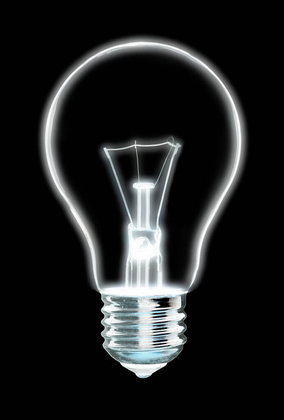 Esboço de lâmpada de tungstênio antigo brilhante branco, no fundo preto
 - Foto, Imagem