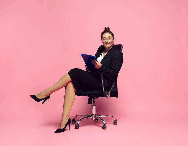 Young caucasian woman in office attire. Bodypositive female character. plus size businesswoman - Photo, Image