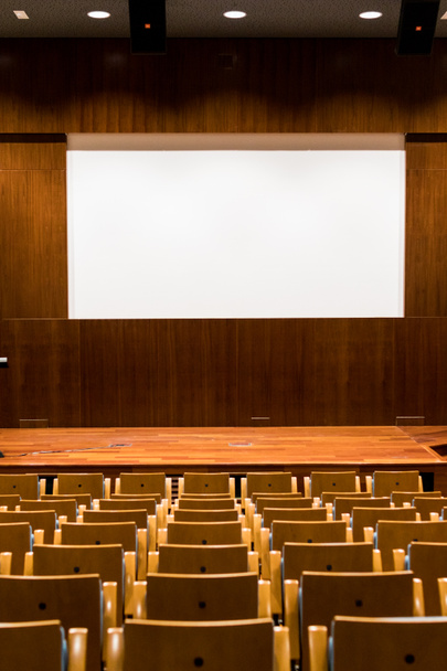 Conferentieruimte met houten zitplaatsen, podium en groot bioscoopscherm in het auditorium. Houten zaal voor conferenties en shows, bioscoop en theater. Groot wit scherm op de achtergrond - Foto, afbeelding