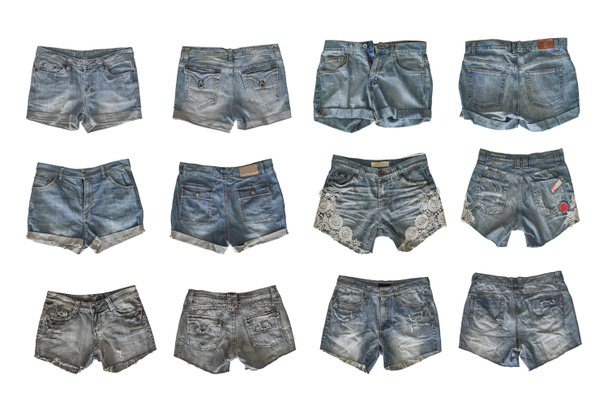 Набір джинсових шортів для жінок ізольовані на білому тлі з відсічним контуром. вид спереду і ззаду
 - Фото, зображення