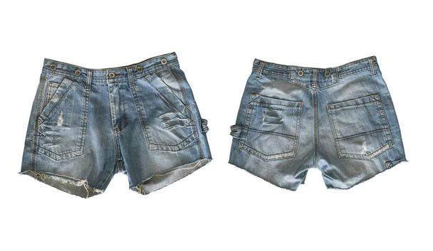 Denim Shorts für Frauen isoliert auf weißem Hintergrund, mit Clipping-Pfad. Vorder- und Rückseite - Foto, Bild
