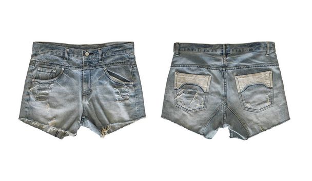 Denim Shorts für Frauen isoliert auf weißem Hintergrund, mit Clipping-Pfad. Vorder- und Rückseite - Foto, Bild