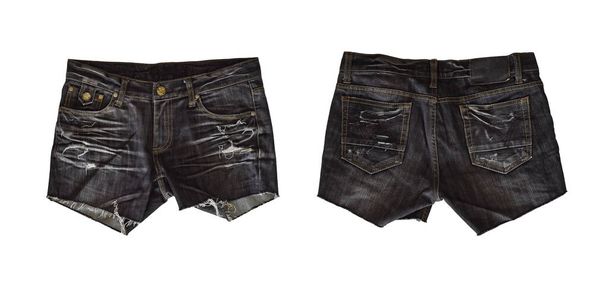 Jeansowe szorty dla samic odizolowanych na białym tle, ze ścieżką wycinania. widok z przodu i z tyłu - Zdjęcie, obraz