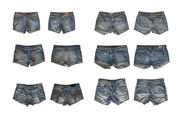 Jeans-Shorts für Frauen isoliert auf weißem Hintergrund, mit Clipping-Pfad. Vorder- und Rückseite - Foto, Bild