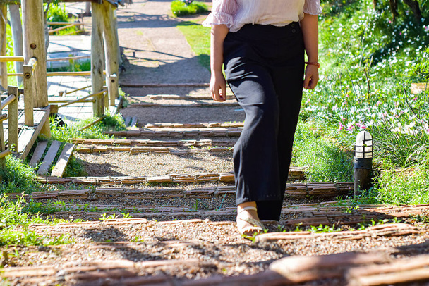 Bahçedeki tuğla merdivenlerde yürüyen bir kadın, güneşli bir günde bahçede bir kadınla. - Fotoğraf, Görsel