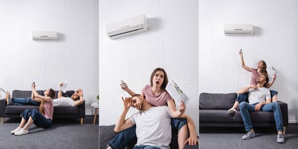 collage with angry couple sitting home with broken air conditioner, horizontal concept - Fotó, kép