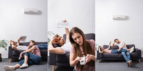 collage with sad couple with remote controller suffering from heat at home with broken air conditioner  - Photo, Image