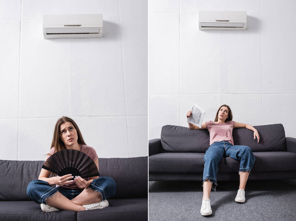 collage con mujer agotada que sufre de calor mientras usa un ventilador de mano de periódico en casa con acondicionador roto
 - Foto, imagen
