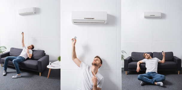 Collage mit verwirrtem Mann, der Fernbedienung in der Hand hält und mit defekter Klimaanlage zu Hause unter Hitze leidet, Website-Header - Foto, Bild