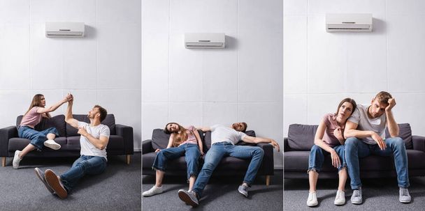Collage mit müdem Ehepaar, das unter Hitze leidet, während es mit defekter Klimaanlage zu Hause sitzt, Panoramakonzept - Foto, Bild