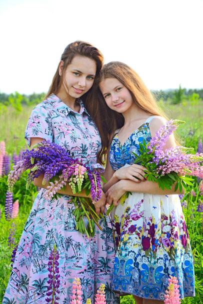 Two beautiful young girls in colored dresses are standing with bouquets of lupins on a background of green meadow. Vertical - 写真・画像