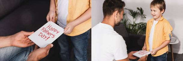 collage of adorable boy presenting happy fathers day card to father, horizontal image - Fotografie, Obrázek