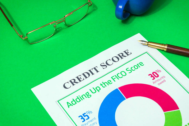 Credit score form on the green office desk with glasses and stylish pen, business idea - Photo, Image