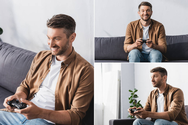 KYIV, UKRAINE - JUNE 9, 2020: collage of emotion man playing video game while sitting on sofa near plant - Фото, изображение
