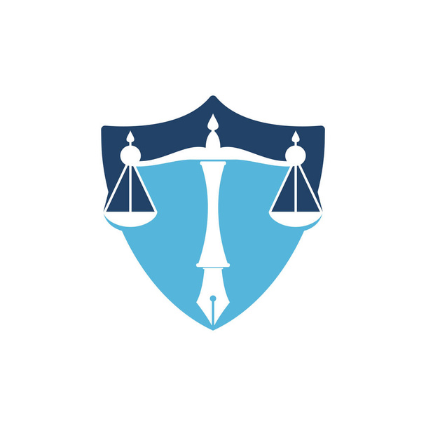Törvény logó vektor bírósági egyensúly szimbolikus igazságosság skála egy toll végtag. A jog, a bíróság, az igazságszolgáltatás és a vállalkozások logó-vektora. - Vektor, kép