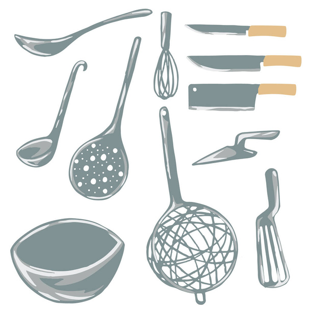 Beyaz arkaplanda izole edilmiş basit düz mutfak gereçleri metal ikon vektör çizimi seti - Vektör, Görsel