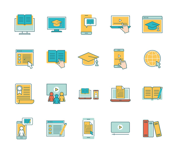 Education online line and fill style icon set vector design - Vector, Image