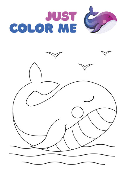 Coloriage fantaisie mignon avec baleine dans la mer. Illustration vectorielle de dessin animé noir et blanc pour la conception de livres à colorier, d'imprimés ou de t-shirts. Enfants, gabarit de dessin pour enfants sur fond blanc - Vecteur, image