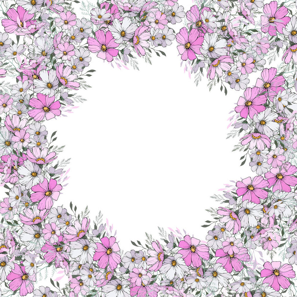 Floral πλαίσιο με ανοιχτό ροζ και λευκά λουλούδια σύμπαν σε λευκό φόντο. Αντιγραφή χώρου. Σχεδιασμός για το γάμο σας, γενέθλια, αποθήκευση της κάρτας ημερομηνία. Για διακόσμηση ευχετήριων καρτών. Εικονογράφηση διανύσματος - Διάνυσμα, εικόνα