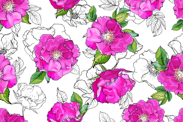 Bezszwowy wzór kwiatowy z różowymi dzikimi różami, zielone liście na białym tle. Ręcznie rysowane. Do projektowania tekstyliów, odzieży, nadruków, papieru pakowego, tapety. Ilustracja wektora. - Wektor, obraz