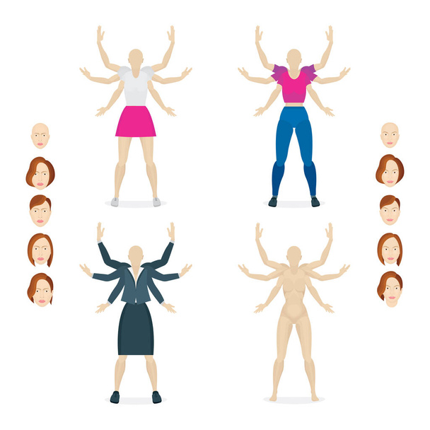 Multitasking concept vector illustratie. Vrouw met zes handen in verschillende kleren. Deel van de verzameling. - Vector, afbeelding
