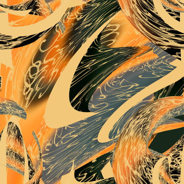 Naadloos abstract patroon van elementen met een vervormend effect. Gebogen en draaiende oppervlakken, golvende lijnen en krabbels. Licht, donker, oranje en grijs. - Foto, afbeelding