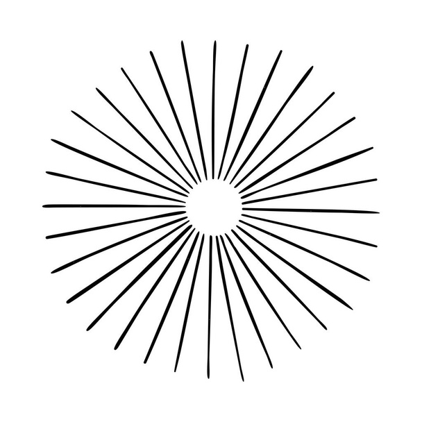 Estallido de sol. Ilustración vectorial de rayos de luz dibujada a mano. Elementos de diseño Sunburst, dibujo lineal. Rayos de luz explosión de sol para el logotipo y emblema retro
. - Vector, imagen