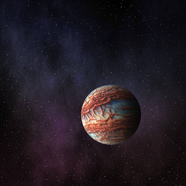 διαστημικό τοπίο με έναν πλανήτη, σε έναστρο φόντο και πολύχρωμη αστρόσκονη. - Φωτογραφία, εικόνα