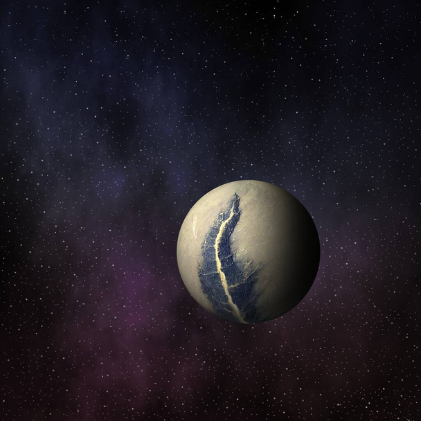 διαστημικό τοπίο με έναν πλανήτη, σε έναστρο φόντο και πολύχρωμη αστρόσκονη. - Φωτογραφία, εικόνα