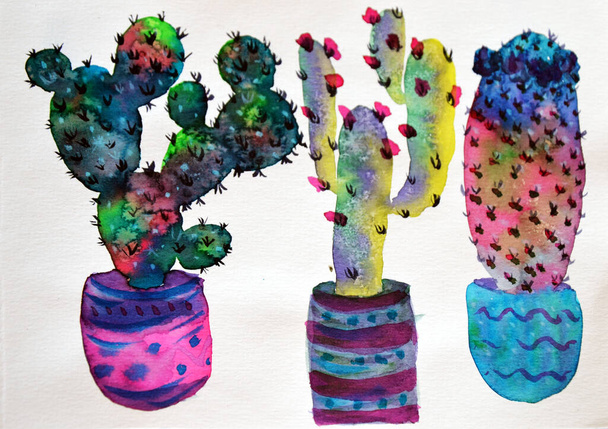 Acuarela ilustración dibujada a mano con cactus y suculentas. Plantas de invernadero ilustraciones. Lindas macetas para plantas
 - Foto, imagen