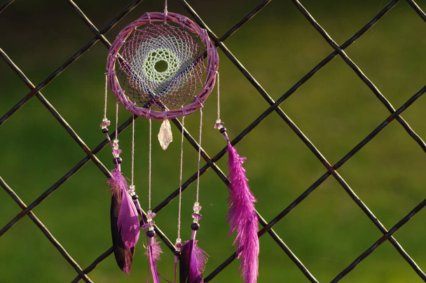 Closeup modern dreamcatcher with purple feathers outdoors - Photo, Image