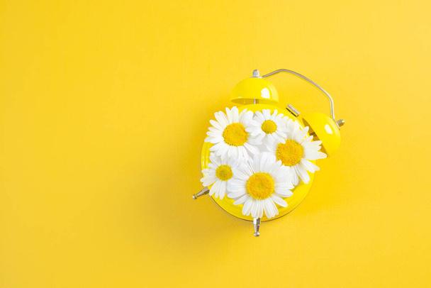 Yellow alarm clock with daisies instead of a dial. Yellow background, minimalism, copy space. Creative concept of morning, awakening. - Photo, Image