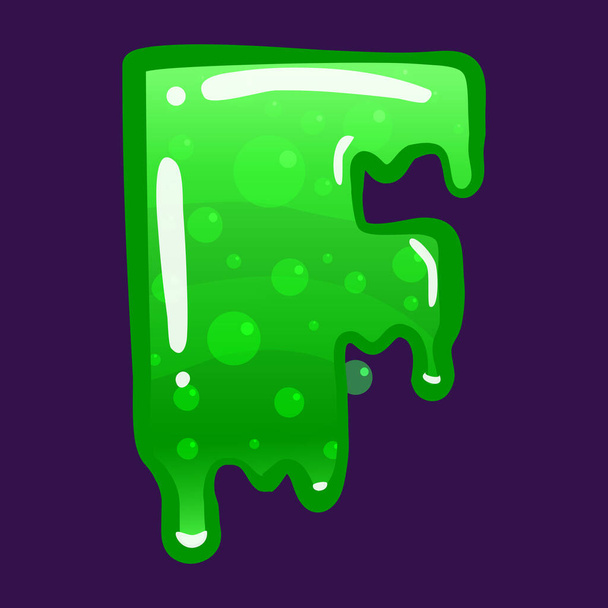Slime γραμματοσειρά τύπου γράμμα F λατινικό αλφάβητο. Πράσινη τοξική μούχλα. Εικονογράφηση στυλ διανυσματικών κινουμένων σχεδίων - Διάνυσμα, εικόνα