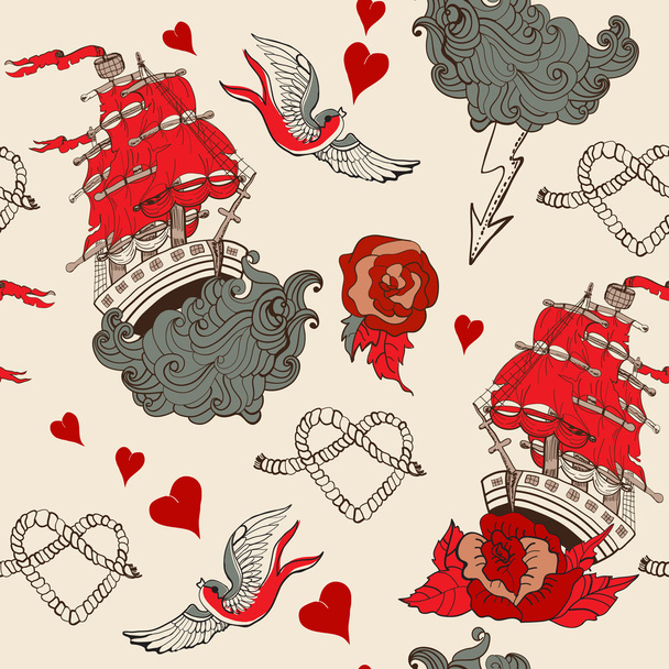 nahtlose Vintage-Muster mit Schiff für Valentinstag-Design - Vektor, Bild