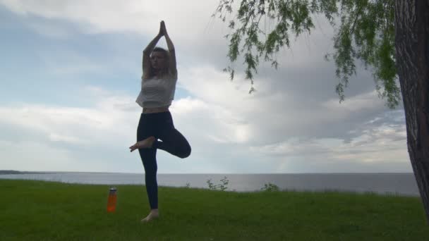Vista posteriore di giovane donna in forma pratica yoga sulla costa vicino al lago o al mare. Donna che fa in piedi mezzo loto braccia in su posa
 - Filmati, video