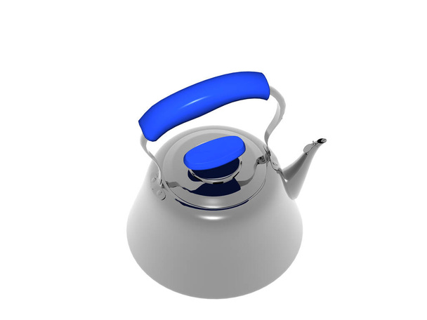 серебряный металлический чайник с голубой ручкой
 - Фото, изображение