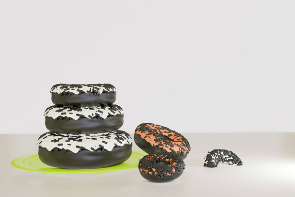 Donut Toppings Eistüten Schokolade. Blauer Hintergrund Illustration Tapete für Hintergrund. Design Produktpräsentation. 3D-Rendering.   - Foto, Bild